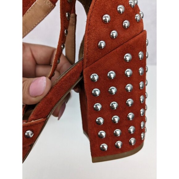 Studded Suede Block Heels Sandals Chunky Rust Boho Western Festival Y2K Size 8 - Picture 4 of 12